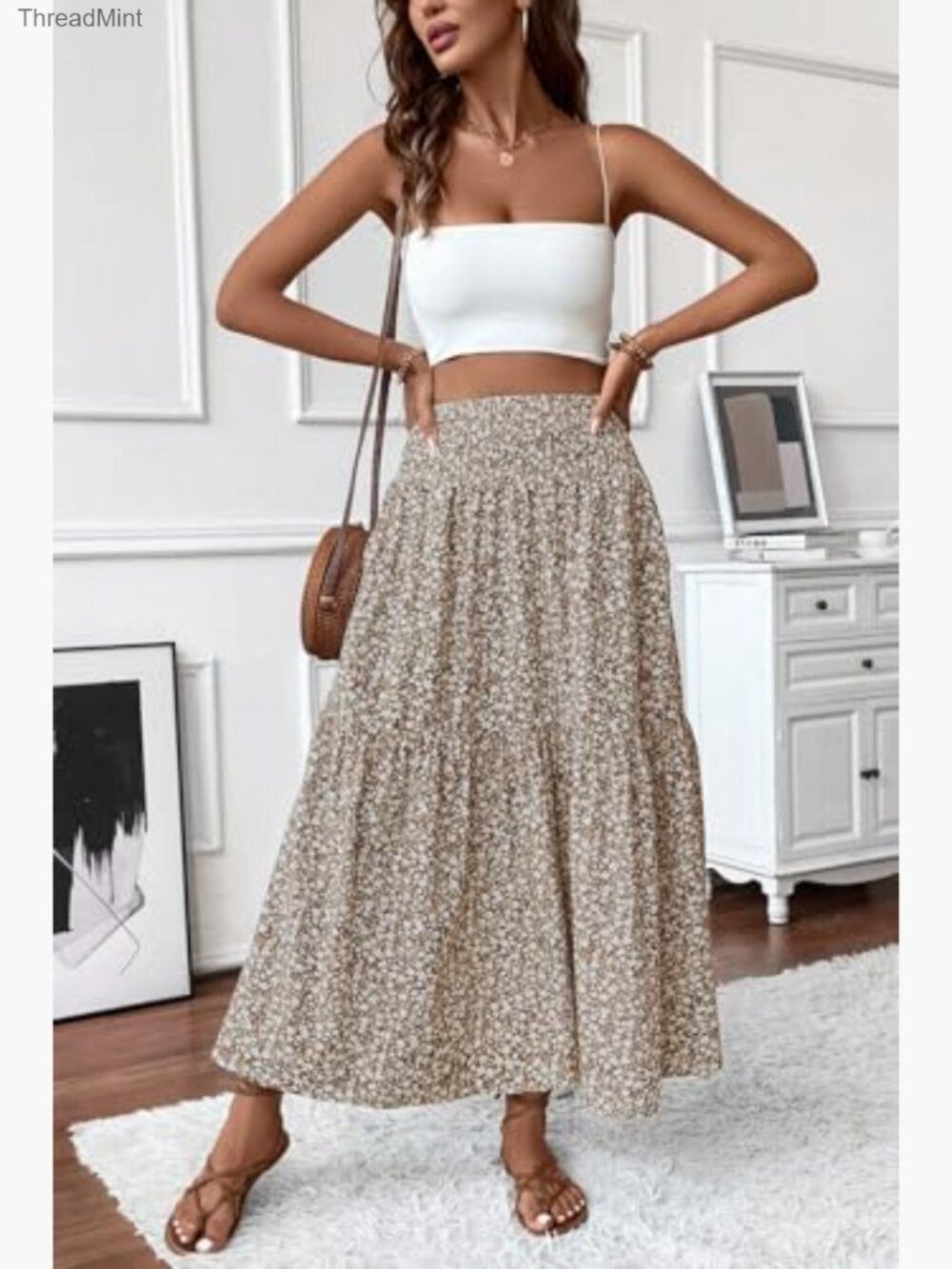 Women's Smocked High Waist Maxi Skirt Casual Boho Long Skirts with Pockets - Picture 6 of 7